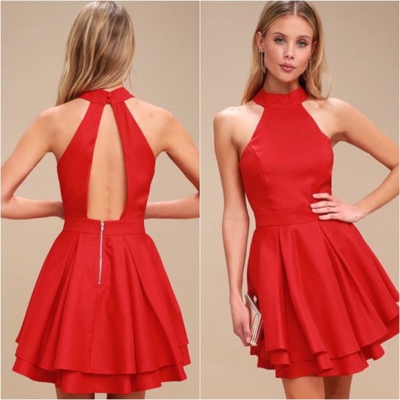 Lulus Senorita Red Layered Halter Skater Dress - Picture 1 of 12